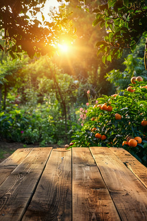 Rustic Wooden Table with Picturesque Sunset View over Orchard with Ripe Oranges AI Generativeの素材