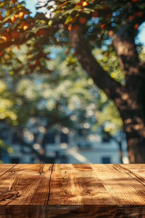 Serene Wooden Tabletop with Bokeh Background of Sunlit Trees and Warm City Ambience for Display or Montage Use AI Generativeの素材