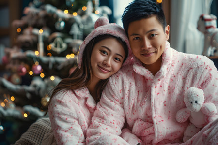 Smiling Young Couple in Matching Pink Pajamas Celebrating Holidays with Christmas Tree Backdrop AI Generativeの素材