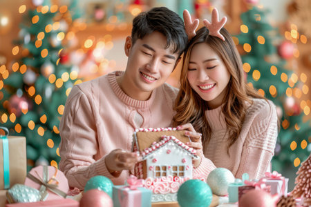 Smiling Young Couple With Reindeer Antlers Decorating Festive Gingerbread House at Christmas AI Generativeの素材