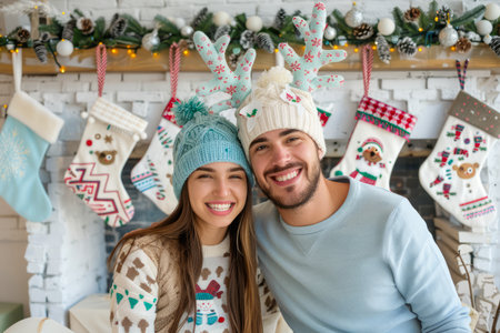 Happy Couple Celebrating Christmas Together Wearing Festive Hats with Decorated Fireplace and Stockings AI Generativeの素材