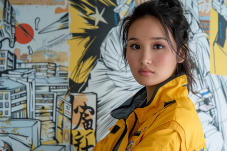 Confident Young Asian Woman in Stylish Yellow Jacket Posing in front of Urban Graffiti Wall Fashion and Youth Culture AI Generativeの素材