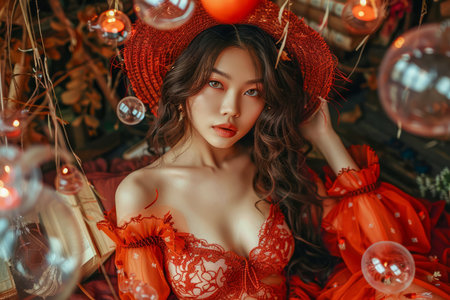 Enchanting Young Woman in Red Dress with Festive Decor and Fairy Lights Surrounding AI Generativeの素材