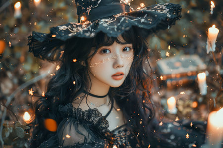 Enchanting Young Witch in Black Attire with Lit Candles in a Mystic Forest, Fairytale Conceptual Portrait AI Generativeの素材
