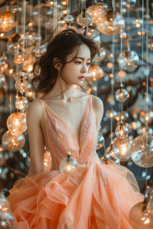 Elegant Young Woman in Peach Evening Gown against Decorative Light Background at Formal Event AI Generativeの素材