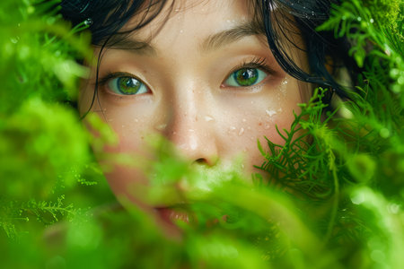 Close up Portrait of a Young Woman with Dewy Skin Peering Through Vibrant Green Ferns Concept of Nature, Beauty, and Well being AI Generativeの素材