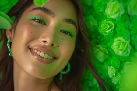 Cheerful Young Woman with Green Floral Background, Spring Beauty Portrait, Fresh Face Smiling AI Generativeの素材