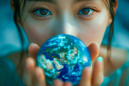 Young Asian Woman Holding a Small Globe, Conceptual Environmental Responsibility and Earth Care AI Generativeの素材