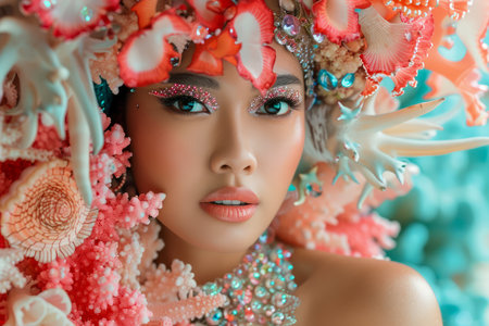 Beautiful Model With Spring Floral Headdress Looking Intently at Camera in High Fashion Portrait AI Generativeの素材