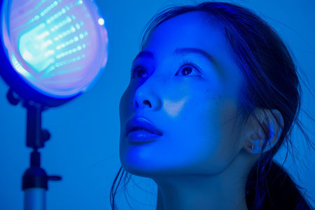 Young Asian Woman with Blue Illuminated Face Looking Upward in Neon Light AI Generativeの素材
