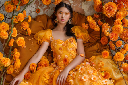 Enchanting Young Woman in a Floral Yellow Dress Amongst Vibrant Orange Blossoms AI Generativeの素材