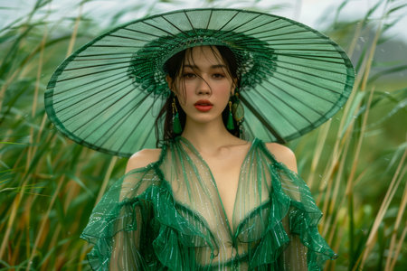 Elegant Woman in Green Dress and Traditional Conical Hat Against Nature Background AI Generativeの素材