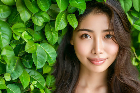 Radiant Young Woman with Beautiful Skin Posing in Lush Green Leaves Background, Serene Natural Beauty Portrait AI Generativeの素材