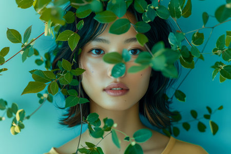 Young Woman Peering Through Lush Green Leaves, Serene Botanical Portrait with Aesthetic Blue Background AI Generativeの素材