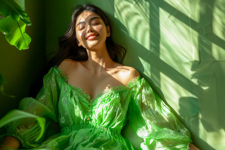 Radiant Young Woman in Green Dress Enjoying Sunlight with Shadows of Leaves on Her AI Generativeの素材