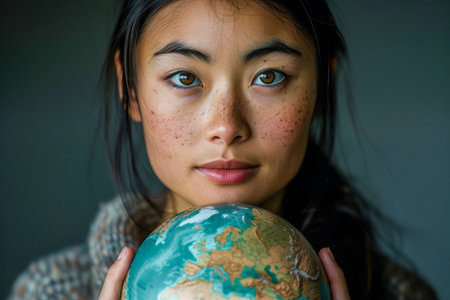 Young Asian Woman Holding a Globe with a Contemplative Expression on a Grey Background AI Generativeの素材