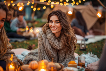 Autumn Evening Picnic with Stylish Young Woman Enjoying Cozy Outdoor Gathering with Friends and Lit Candles AI Generativeの素材