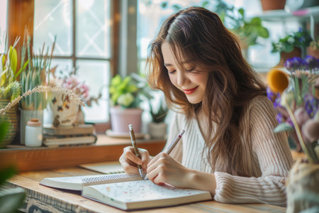 Young Woman Enjoying Writing in Her Journal Surrounded by Plants in Sunny Indoor Setting AI Generativeの素材