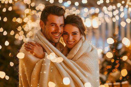 Romantic Couple Embracing in Festive Street Illuminated with Sparkling Christmas Lights AI Generativeの素材