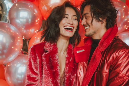 Happy Romantic Couple in Red Jackets Laughing with Balloons Celebrating Love and Affection during Festive Season AI Generativeの素材
