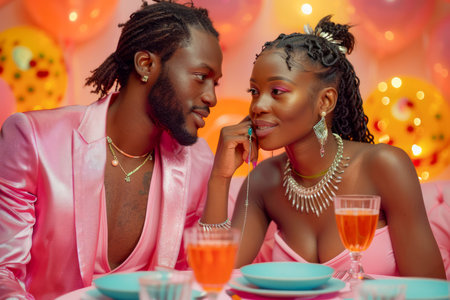 Romantic African American Couple Enjoying a Candlelit Dinner with Champagne and Festive Decorations AI Generativeの素材