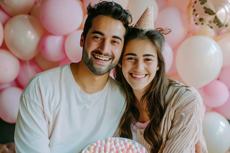 Smiling Young Couple Celebrating Love with Pink and White Balloons, Romantic Moment AI Generativeの素材
