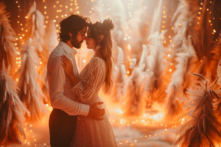 Romantic Couple Embracing in Enchanted Forest with Glowing Fireflies and Magical Atmosphere AI Generativeの素材