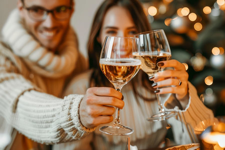 Happy Couple Toasting Wine Glasses Celebrating Together During Winter Festivities with Christmas Tree Background AI Generativeの素材
