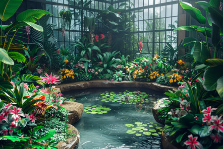 Enchanting Indoor Garden Oasis with Lush Greenery, Vibrant Flowers and Tranquil Pond AI Generativeの素材