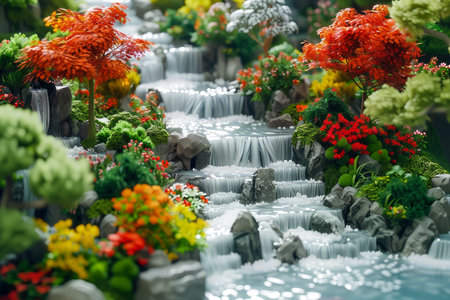Enchanting Miniature Garden with Vibrant Flowers and Cascading Streams A Fairy tale like Scenery for Fantasy and Nature Concepts AI Generativeの素材