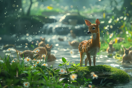 Enchanting Sunlit Forest Scene with Graceful Deer Amidst Lush Greenery and Sparkling Streams AI Generativeの素材