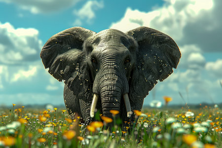 Majestic African Elephant in Lush Flower Meadow under Blue Sky with Clouds AI Generativeの素材
