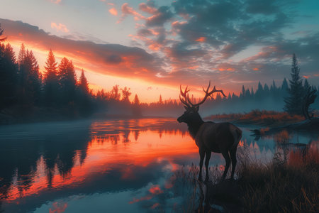 Majestic Elk Standing By a Tranquil Lake at Sunrise Surrounded by Misty Forest AI Generativeの素材