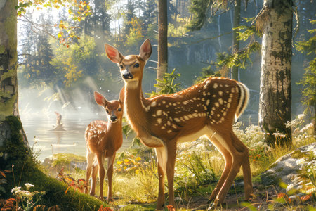 Serene Forest Scene with Two Young Deer Bathing in the Warm Sunlight Among Trees AI Generativeの素材