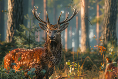 Majestic Red Deer Stag with Antlers in Misty Forest at Sunrise, Wildlife in Natural Habitat AI Generativeの素材