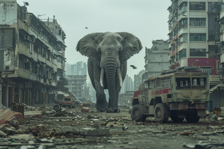 Majestic Elephant Walking Alone Through Urban City Ruins in a Post Apocalyptic Setting Surrounded by Abandoned Vehicles and Buildings AI Generativeの素材