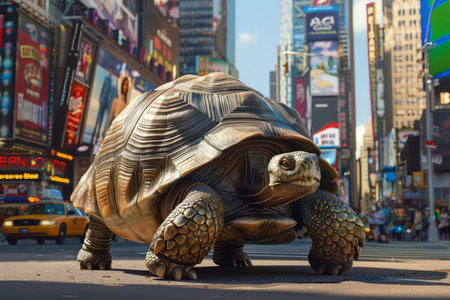 Large Tortoise Slowly Walking down Bustling Times Square in New York City with Bright Billboards and Urban Background AI Generativeの素材