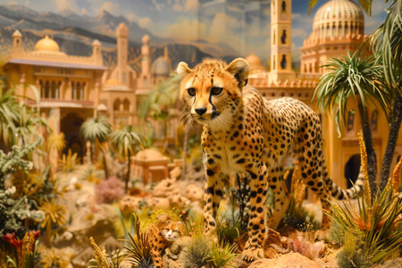 Majestic Cheetah Prowling in a Desert Landscape with Historical Monument Miniatures in the Background AI Generativeの素材