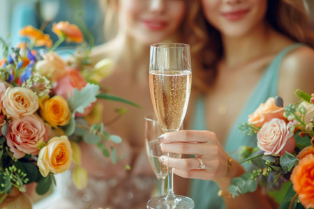 Elegant Bridal Celebration with Bridesmaids Toasting with Champagne by Bouquets AI Generativeの素材