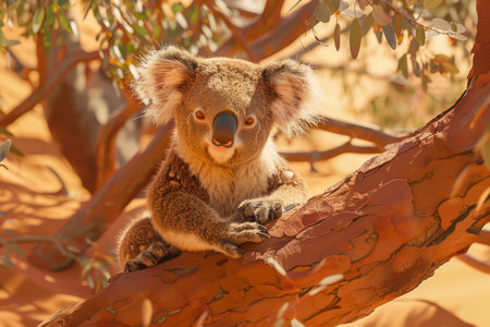 Adorable Koala Clinging to a Tree Branch in its Natural Australian Habitat Bathed in Warm Sunlight AI Generativeの素材