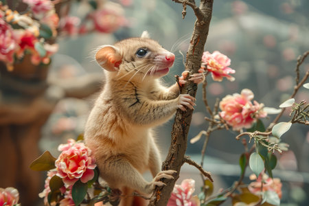 Adorable Quokka Climbing a Branch Surrounded by Blossoming Pink Flowers in a Serene Garden Setting AI Generativeの素材