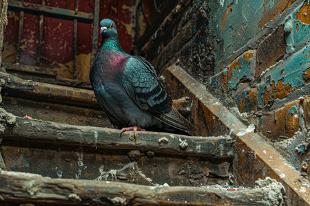 Majestic Pigeon Perched on Weathered Wooden Stairs with Rustic Doors and Peeling Paint AI Generativeの素材