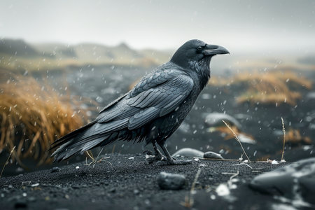 Lone Black Raven Standing on Rocky Ground with Atmospheric Mist and Golden Field Background AI Generativeの素材