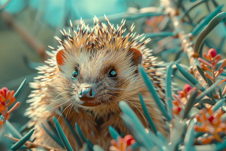 Cute Hedgehog Amidst Vibrant Orange Flowers and Greenery, Exotic Pet In Nature Scene, Wildlife Animal With Spiky Spines AI Generativeの素材