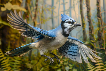 Majestic Blue Jay in Mid Flight with Expanded Wings Against a Blurred Nature Background AI Generativeの素材