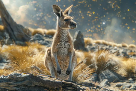 Majestic Kangaroo in Golden Sunlight on Rocky Terrain with Ethereal Sparkling Particles, Nature Wildlife Portrait AI Generativeの素材
