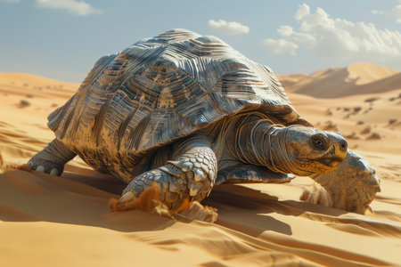 Majestic Tortoise Slowly Trekking Across Vast Desert Dunes under Clear Skies AI Generativeの素材