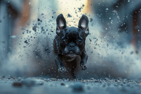 Dynamic Action Shot of a Happy Black French Bulldog Running Energetically Towards the Camera with Dust Flying Around AI Generativeの素材