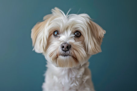 Adorable Small White and Tan Dog with Expressive Eyes Posing on Teal Background, Cute Pet Portrait AI Generativeの素材