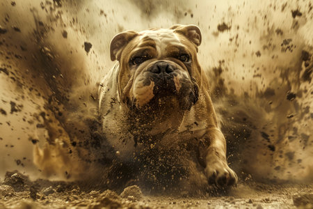 Intense Bulldog Charging Through Mud with Determination, Dynamic Action Pet Photography AI Generativeの素材